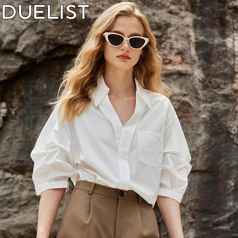 DUELIST衬衫女夏季新款休闲宽松法式领短袖凉感白衬衣设计感小众