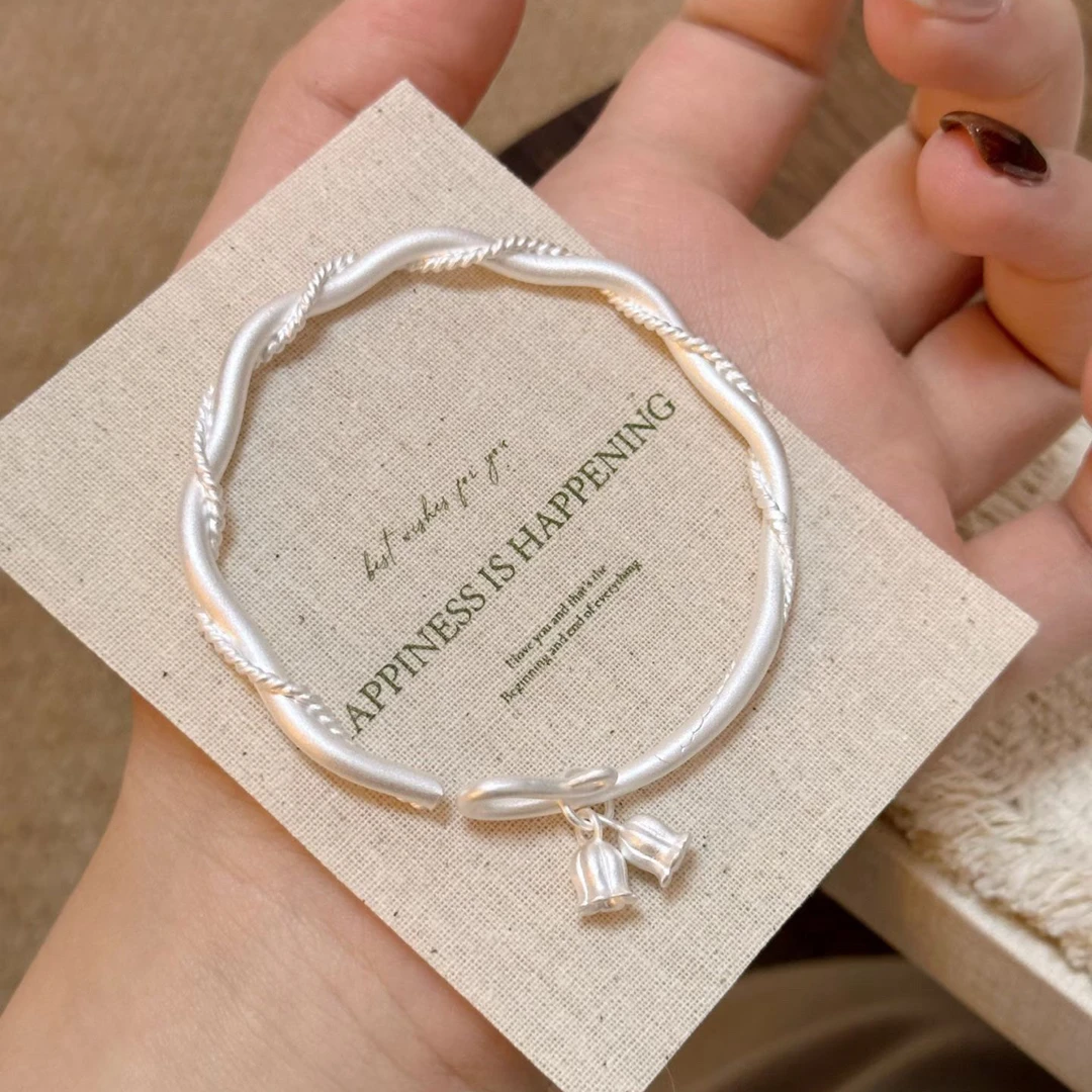 足银手镯 足银999.9麻花铃兰古法手镯实心生日礼物送女生银镯子