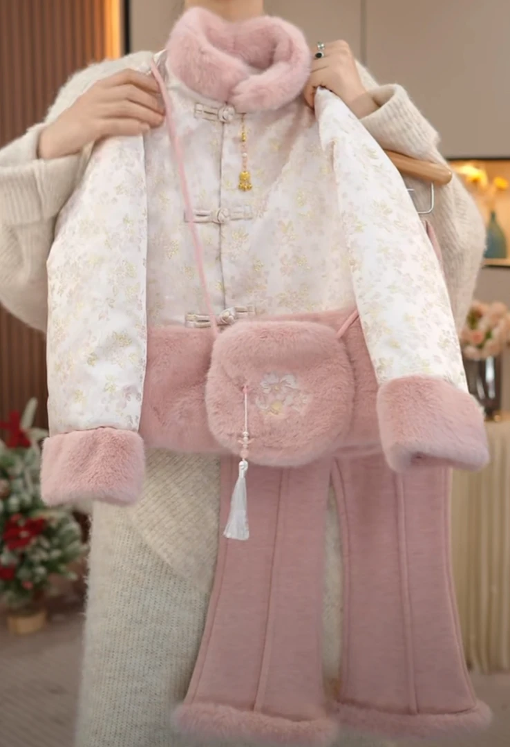 女童粉色拜年服加绒国风刺绣外套加绒女童过年服2025新款
