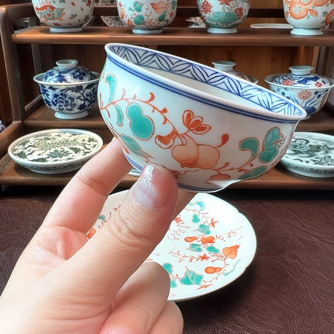 杯子景德镇手绘红绿彩单杯福利价