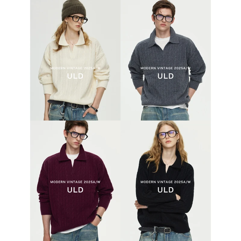 【ULD】/中古感chao100细美利奴羊毛baby肤感立体绞花复古长袖polo