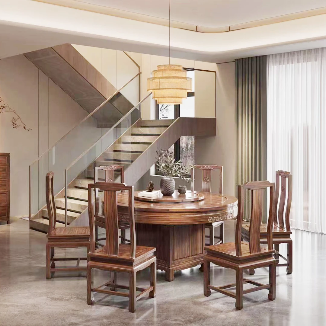 全原木SY601素面圆桌 新中式实木餐厅圆形古典储物餐桌