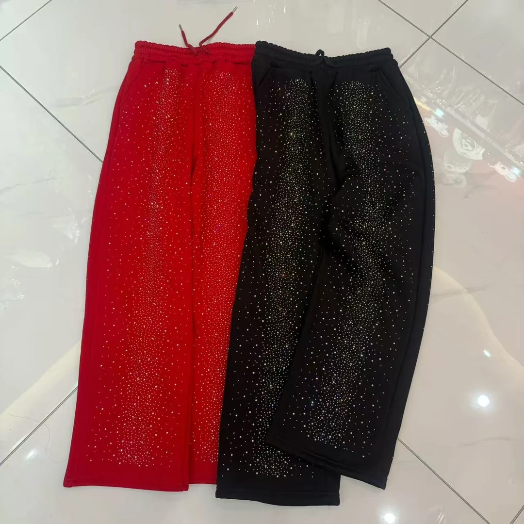 coco家新款重工满钻加绒加厚直筒阔腿裤时尚洋气休闲裤显瘦满天星