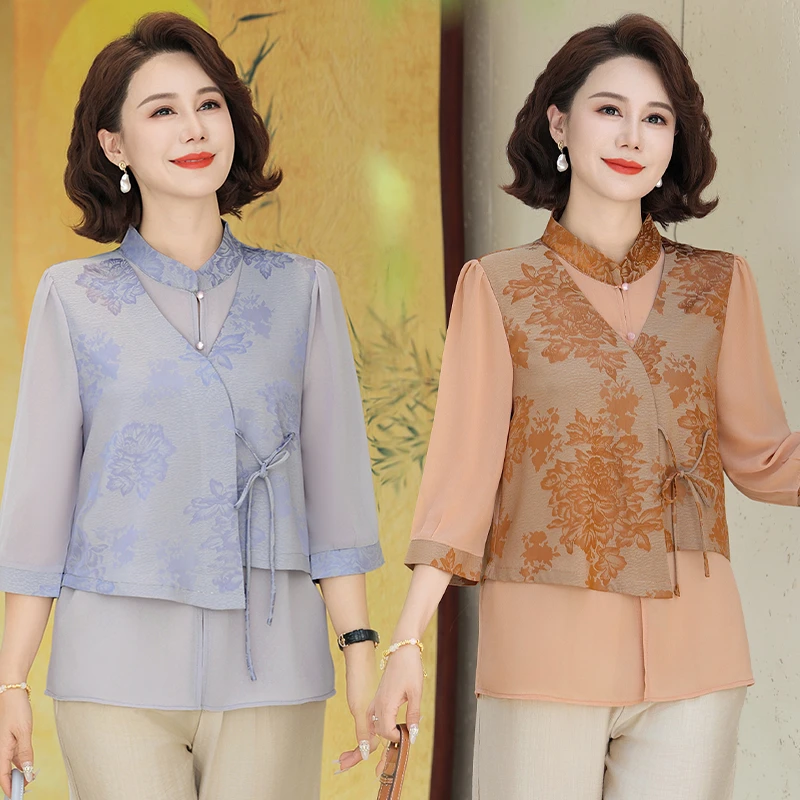 妈妈夏装新中式短袖小衫上衣2025新款中老年女装国风洋气假两件