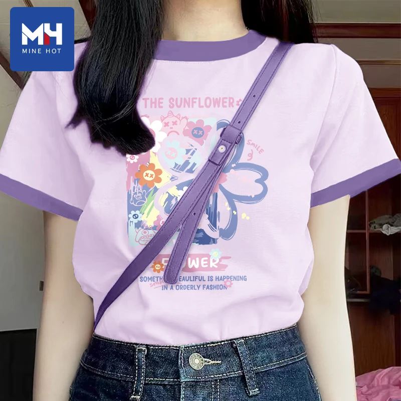 唐狮MH短袖女t恤2025新款夏季紫色纯棉半袖初中生宽松正肩上衣J