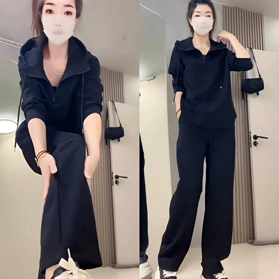 时尚休闲净版运动连帽外套直筒阔腿裤套装2025秋季新款百搭两件套