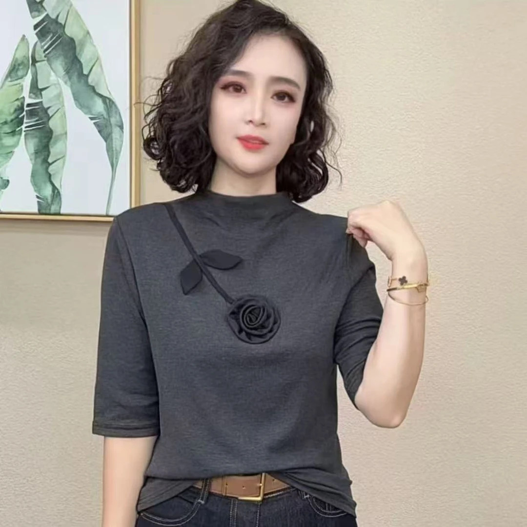 2025新款时尚洋气百搭减龄中领气质中袖女上衣#858