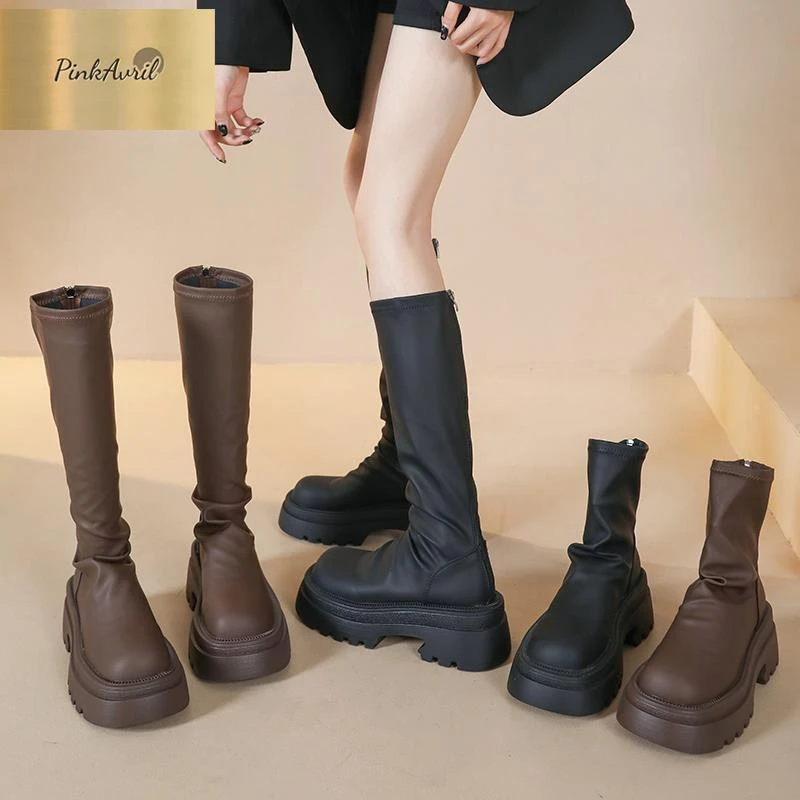 PinkAvril潮牌靴子女2025年秋季新款小个子长筒靴高筒骑士靴棕色