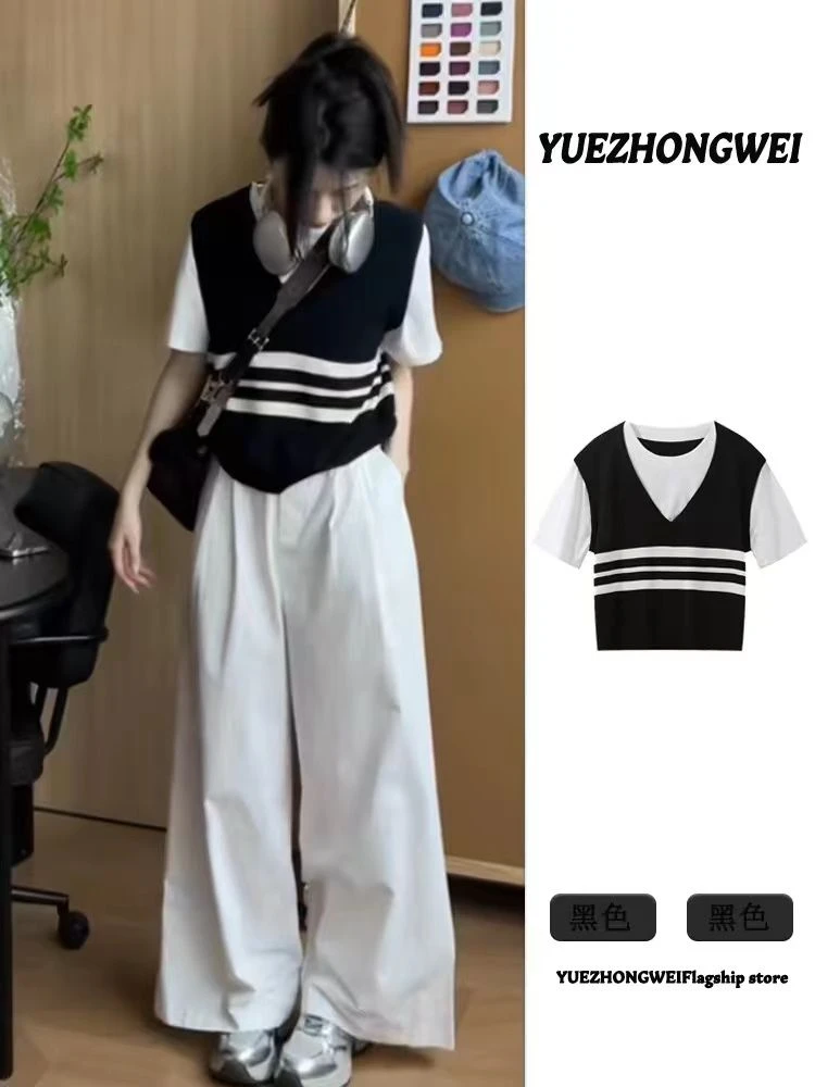 3883大码夏装新款2025宽松假两件针织上衣微胖mm百搭冰丝短袖T恤