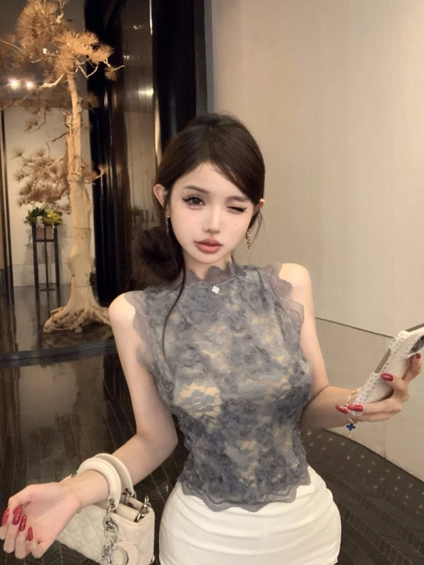 法式精致蕾丝盘花一字领无袖上衣套装女修身显瘦名媛风背心两件套