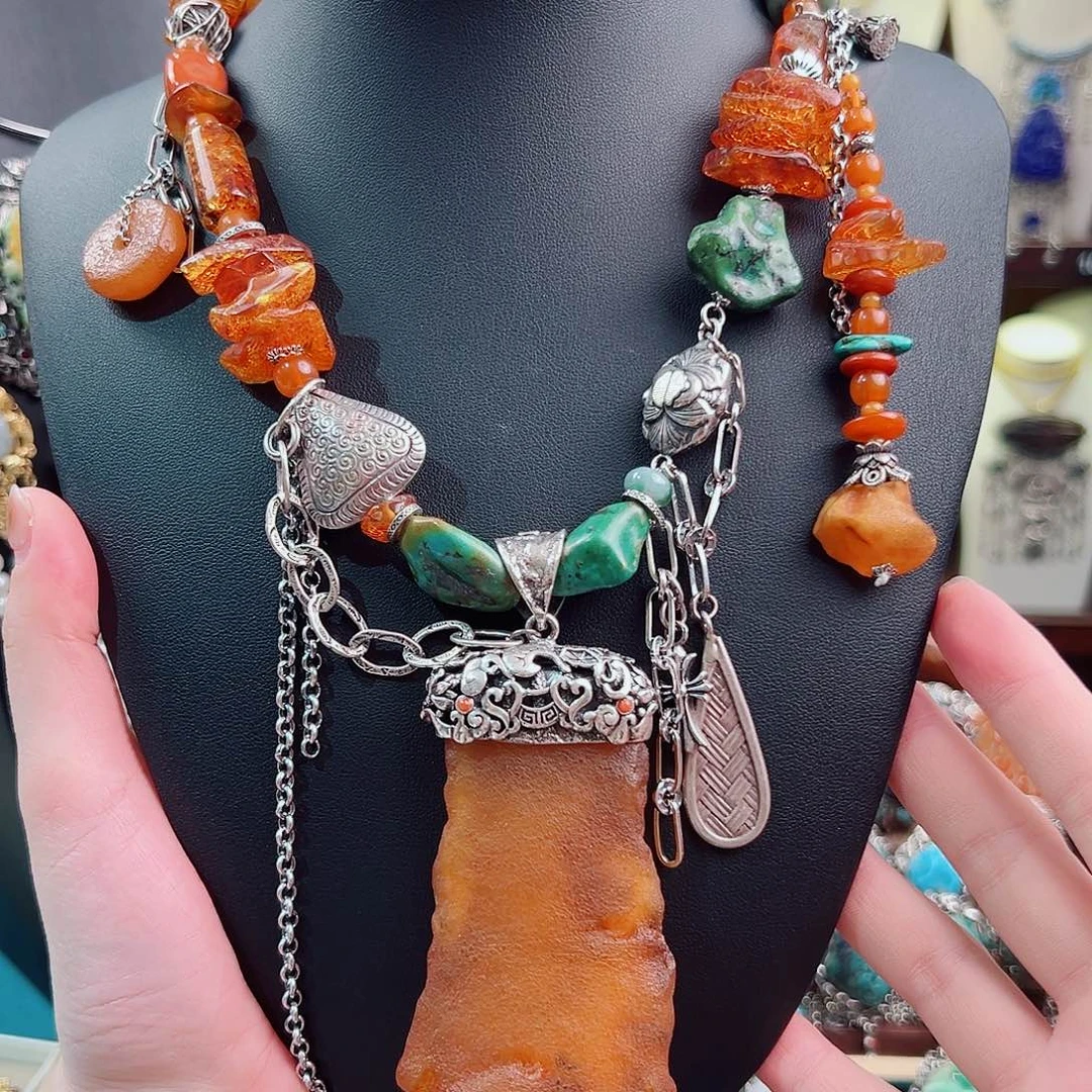 琥珀银S925镶嵌项链项链