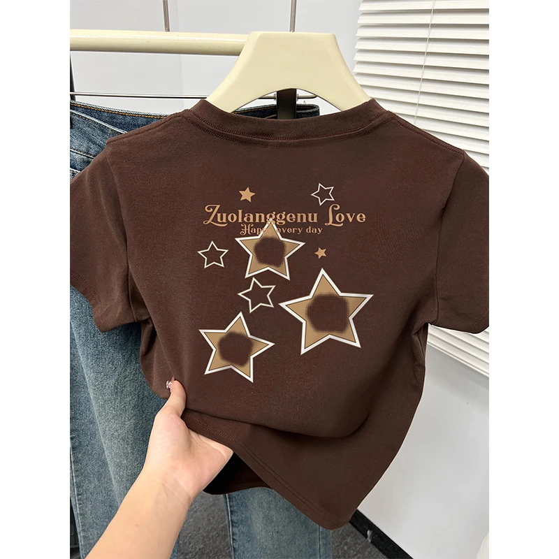 正肩短袖t恤女夏新款韩版chic棕色大码休闲前后印花设计感上衣服