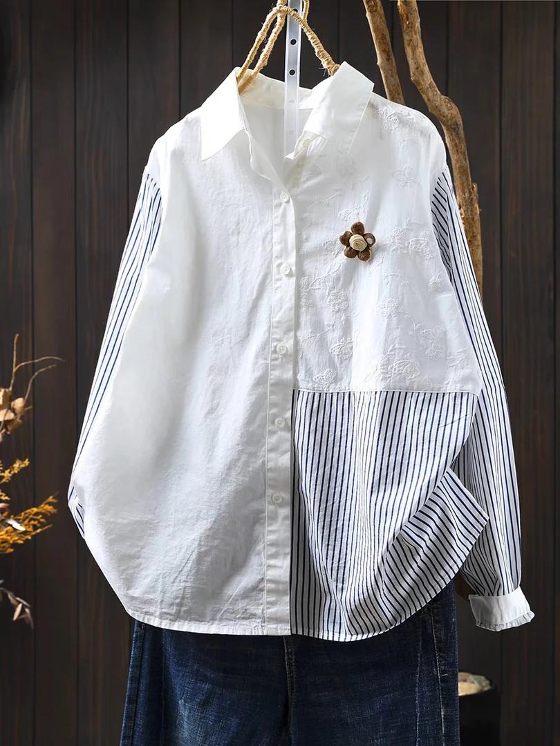 纯棉提花拼接条纹衬衫女设计感小众2025新款春宽松休闲小个子衬衣