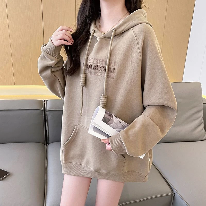 重工刺绣连帽套头卫衣女春秋季爆款休闲洋气带兜字母美式外套上衣