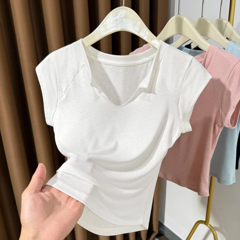 白色短袖翻领显瘦设计感T恤2025夏季软糯V领气质韩版修身T恤短款