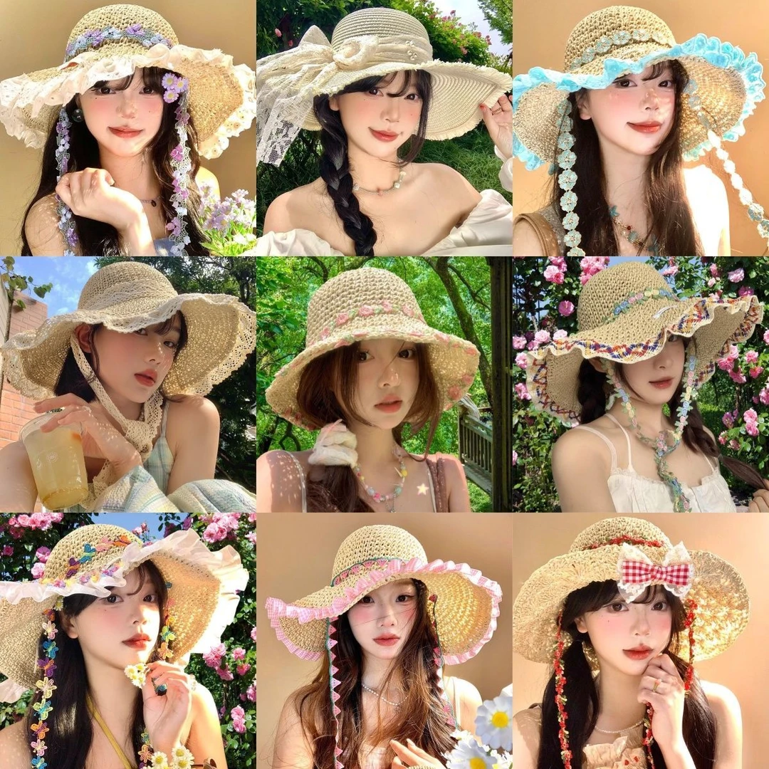 草帽合集韩版系带镂空草编帽女夏出游防晒沙滩太阳帽蕾丝边遮阳帽