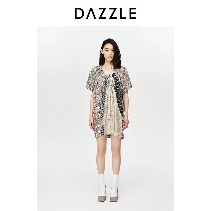 【陈大可】大地DAZZLE地素 夏季宽松拼接设计感复古印花连衣裙裙子