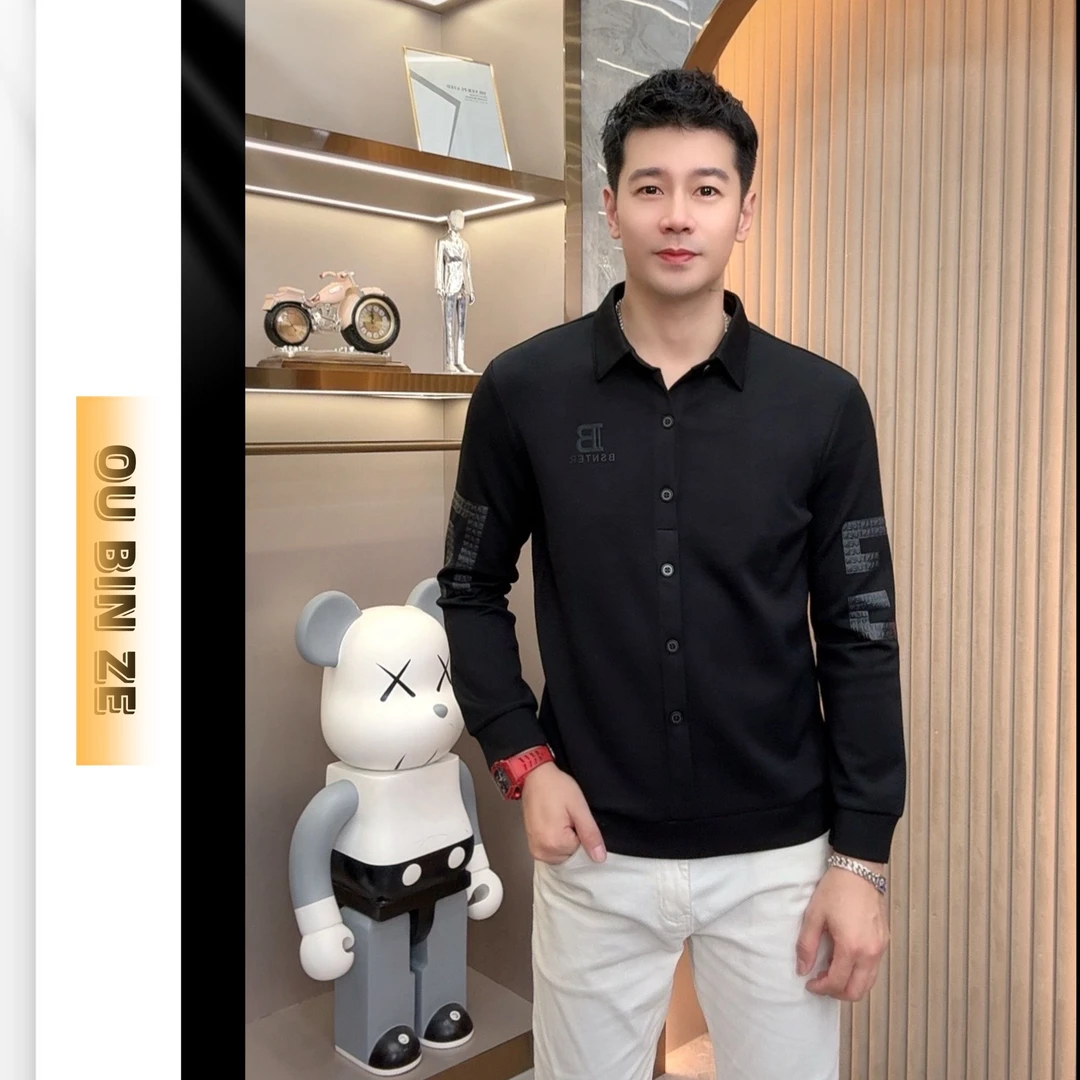 欧彬泽【梵克拉】长袖衬衫翻领秋冬男装T恤时尚修身商务轻奢M5179