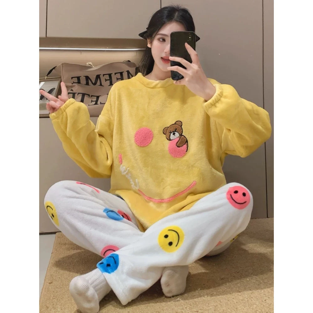 卡通小熊睡衣两件套秋冬减龄简约慵懒风圆领套头家居服80363#0.1