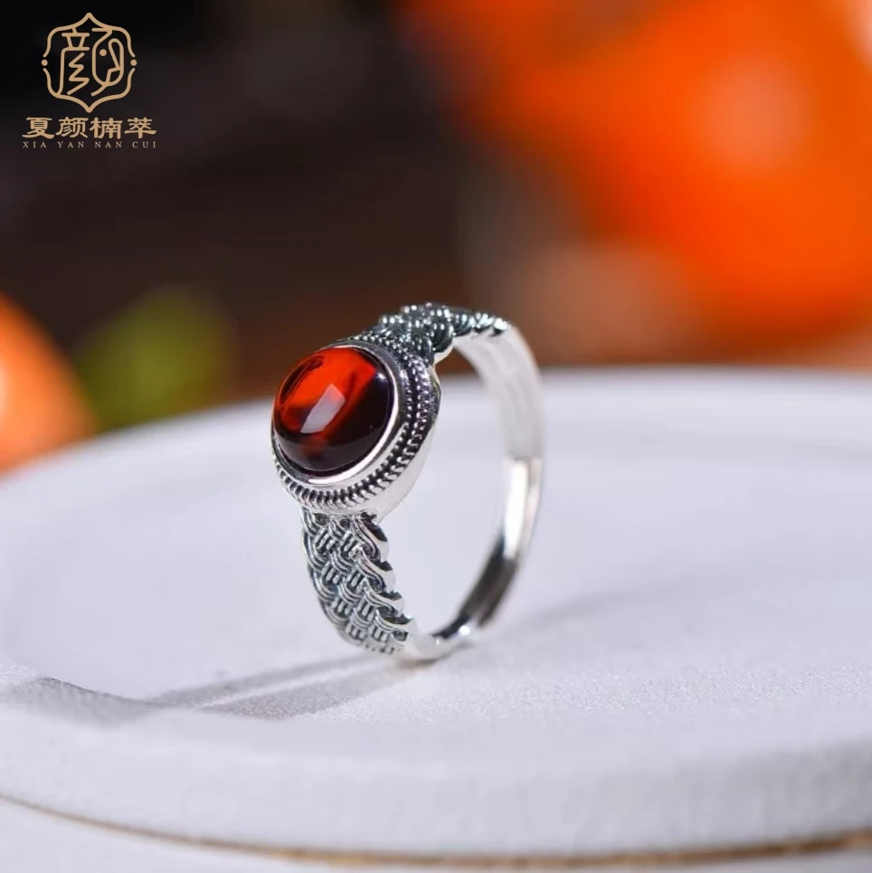 【夏颜楠萃】血珀S925银 编织圆珠戒指 气质 时尚