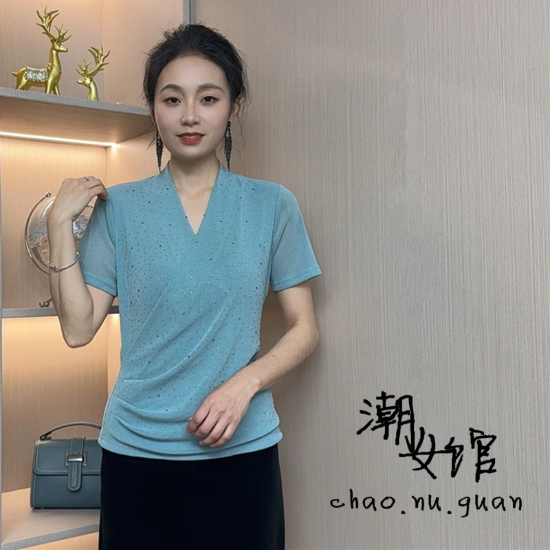 夏季新款时尚休闲洋气百搭短袖V领烫钻修身显瘦气质T恤打底小衫