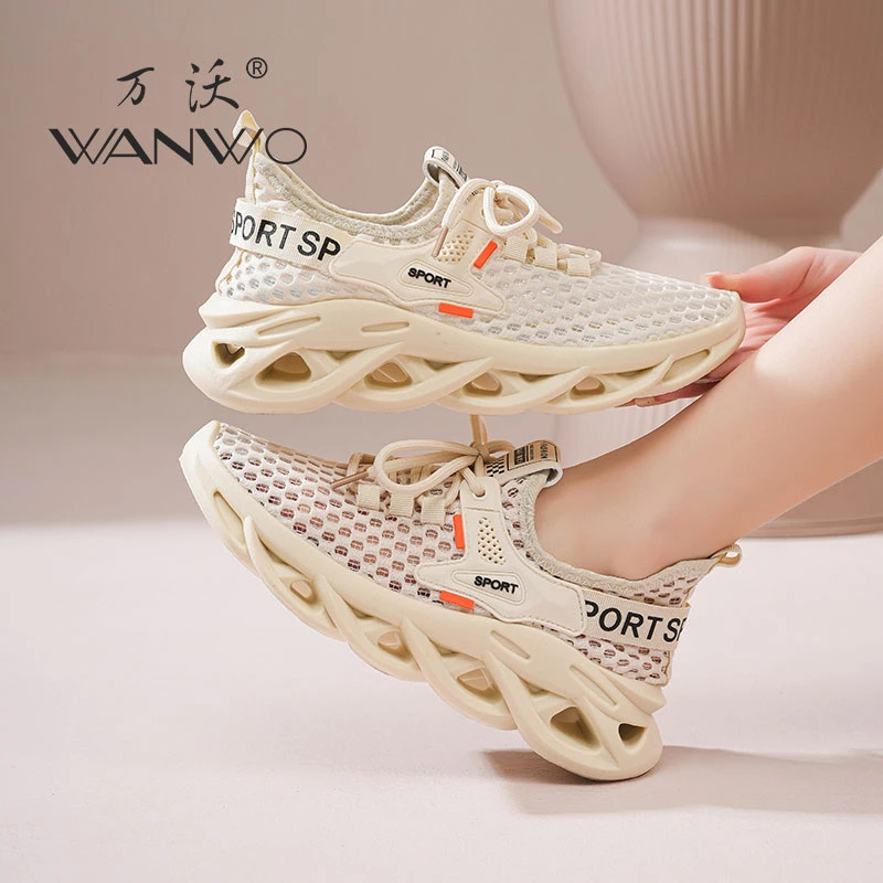 WANWO/万沃夏季飞织鞋女2025新款透气网面厚底增高百搭休闲运动鞋