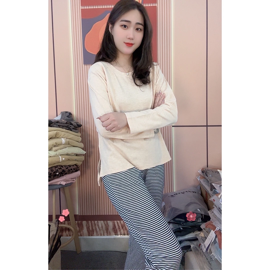 睡衣女冬季新款纯棉长袖长裤简约休闲家居服套装（杏色条纹裤）