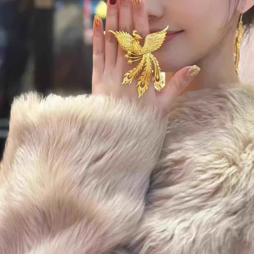 戒指凤舞九天复古金色凤凰轻奢婚嫁三金开口食指戒优雅个性