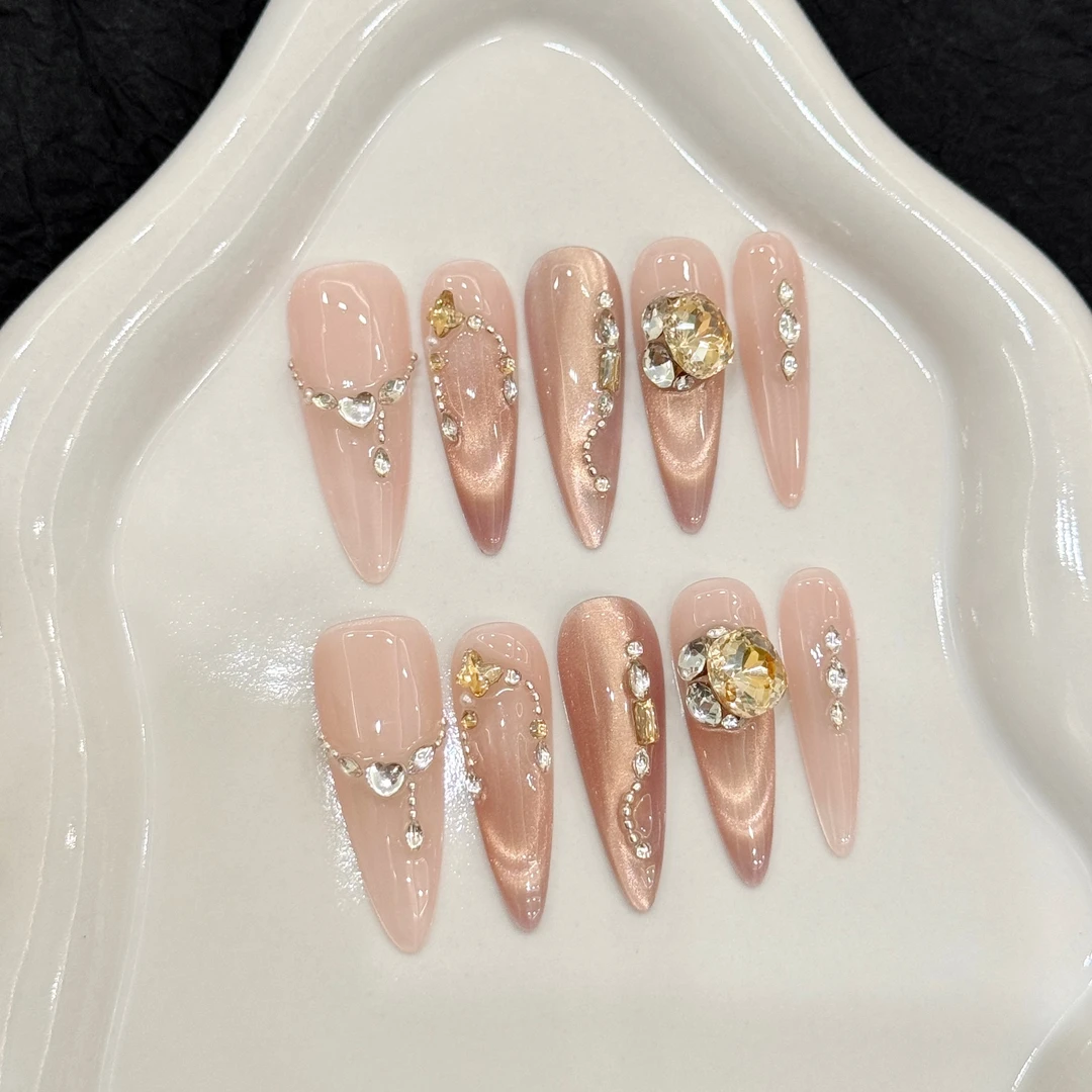 【浮光裸】温柔渐变甜美风高级感手工穿戴甲飘带猫眼花朵大钻穿戴甲