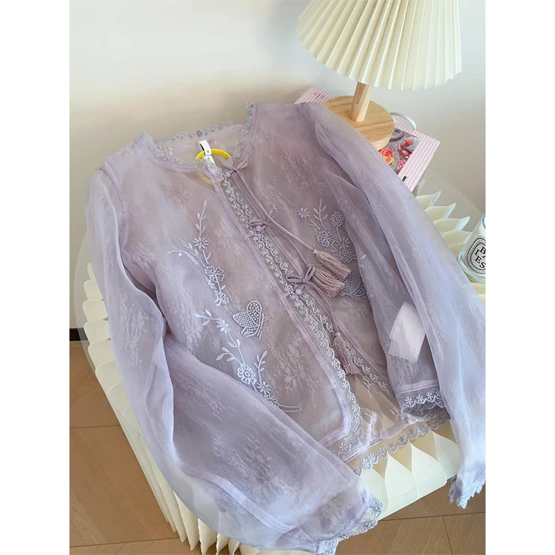 设计感紫色重工刺绣雪纺衫上衣女2025年早春新款法式原单微透衬衫