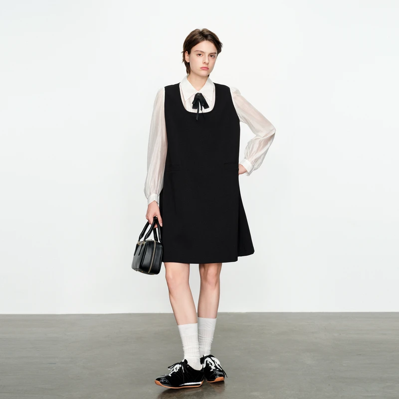 婉甸2025春季新品黑色拼接长袖连衣裙通勤风1241N07SJ2