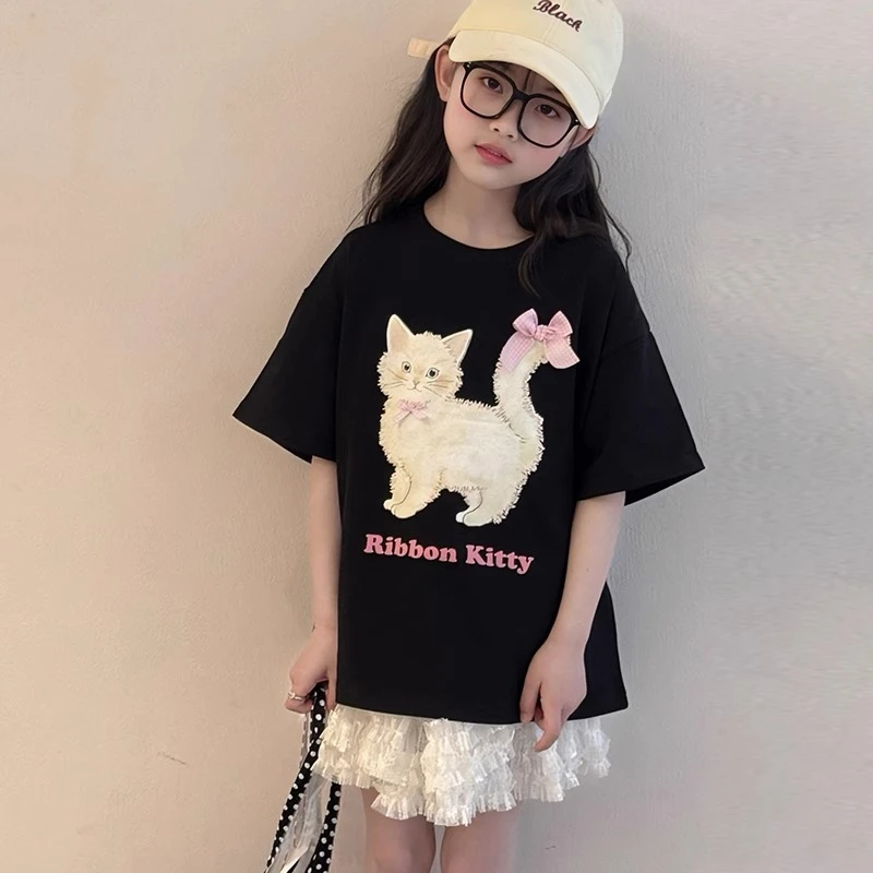 53333M女童短袖T恤2025夏季新款儿童卡通上衣韩版宽松印花百搭