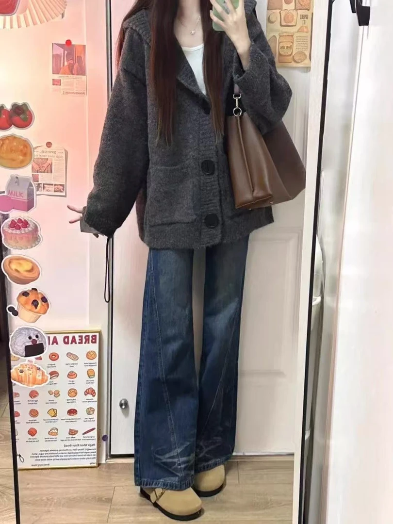 XLD女装【01-026】春秋百搭休闲长袖慵懒宽松纯色麻花毛衣开衫连帽