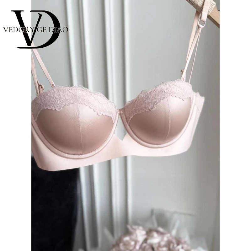 维多利亚捕梦少女“法式缎面无肩带防滑半杯内衣小胸聚拢显大收副