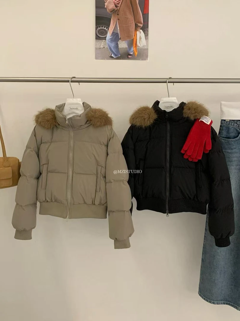 MAMIE【毛毛羽绒】韩标可拆连帽拼接收腰显瘦不臃肿国标羽绒服外套