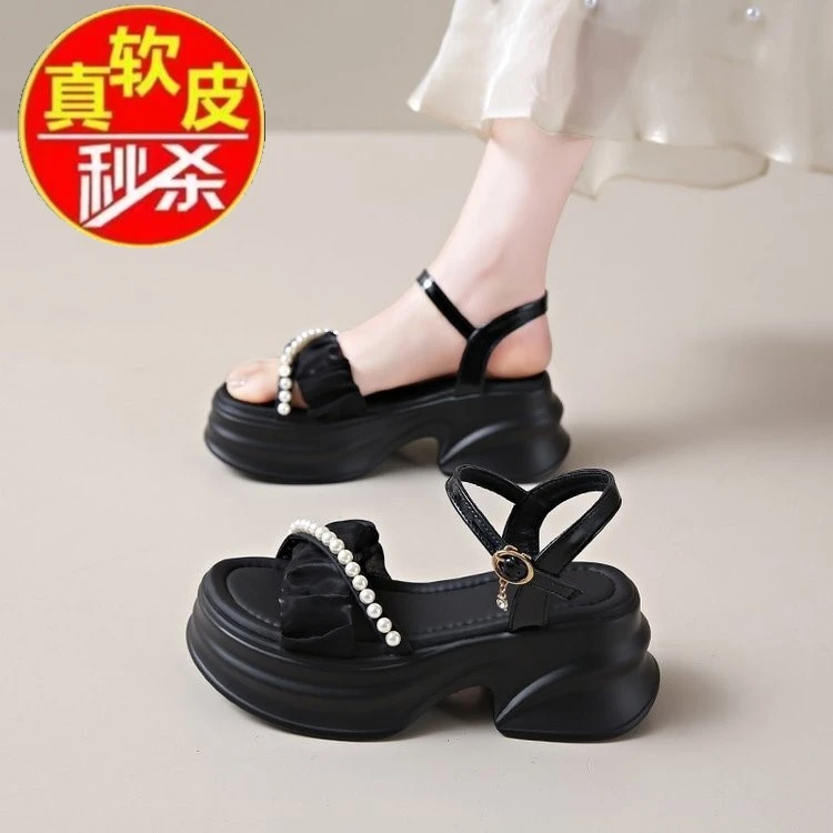 品牌断码仙女风网红凉鞋女夏新款厚底罗马鞋女真皮轻便防滑沙滩鞋