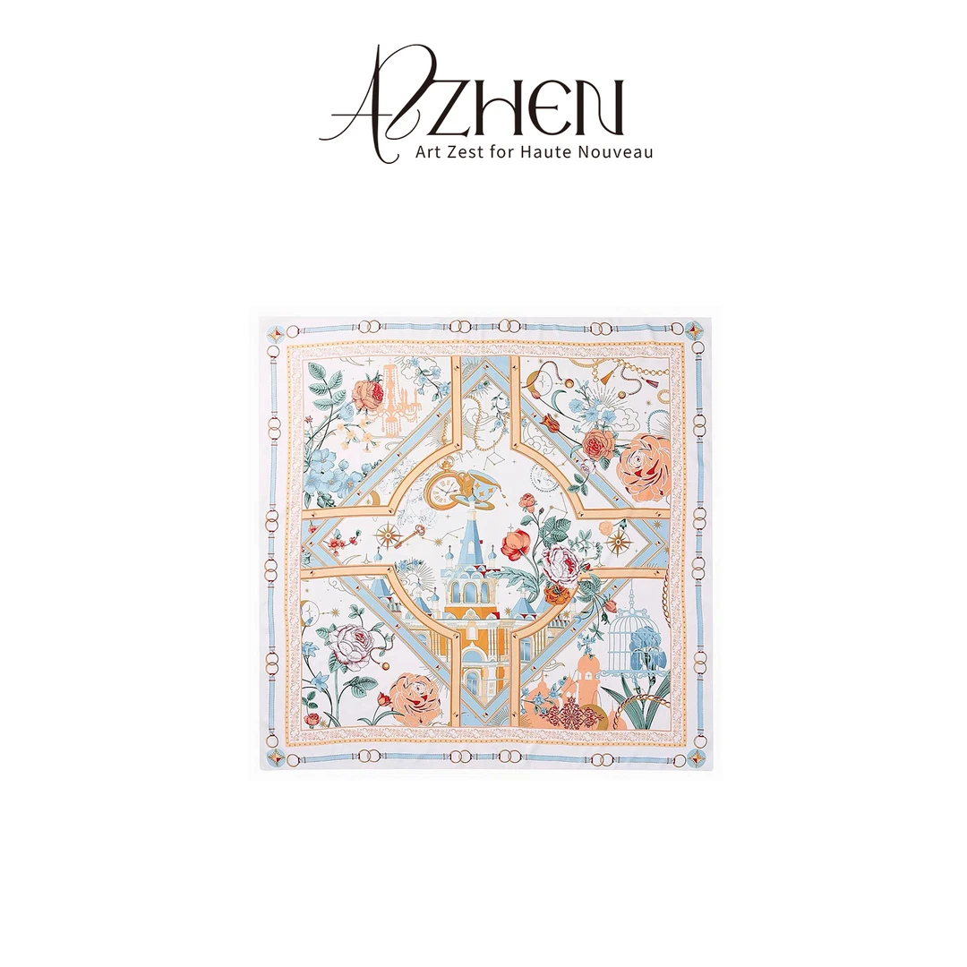 AZZHEN【玫瑰的茶话会】印花丝巾蓝色薄款白色时尚百搭AZ5ESA10-00