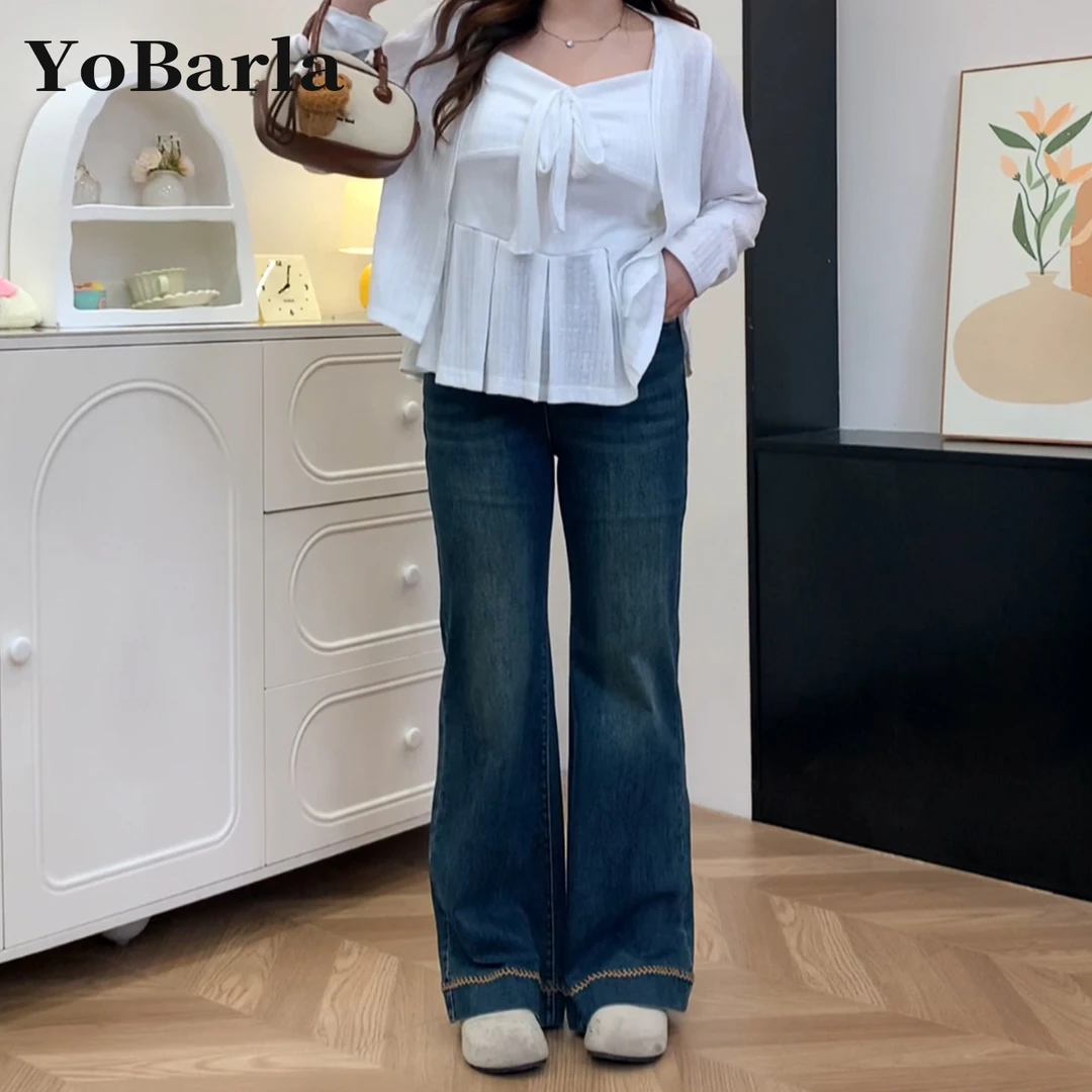 蓝色弹力微喇牛仔裤女秋季新款高腰梨形身材胖mm大码显瘦垂感裤子