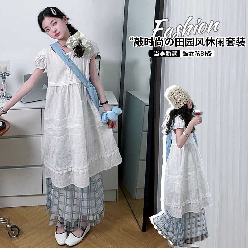 女童甜美法式连衣裙中大童泡泡袖中长裙格纹裙子2025夏新款衬衫