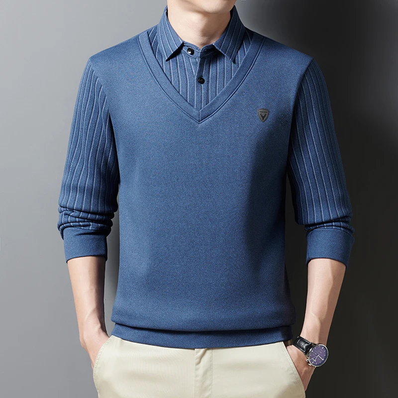 羊毛+桑蚕丝男纯色翻领保暖不起球衬衫领针织毛衣秋冬假两件百搭