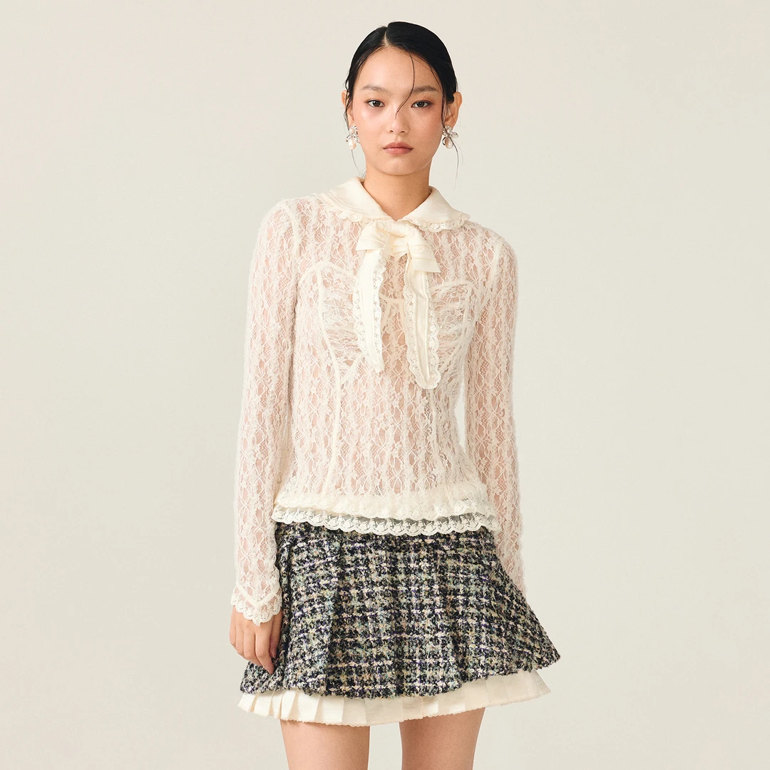 lefame拉飞姆2025冬季新款蝴蝶结装饰蕾丝上衣