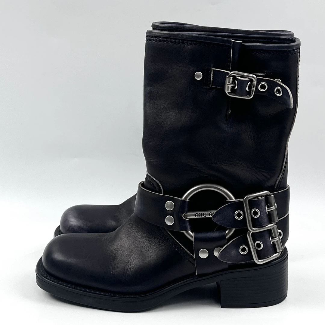 99新 MIU MIU/缪缪 36码 黑色水洗做旧机车靴 lm4129