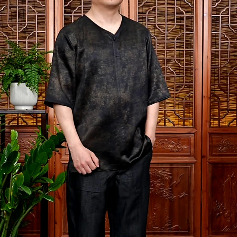 重磅鎏金香云纱大码中国风中式复古宽松中袖夏季香云纱V领T恤男