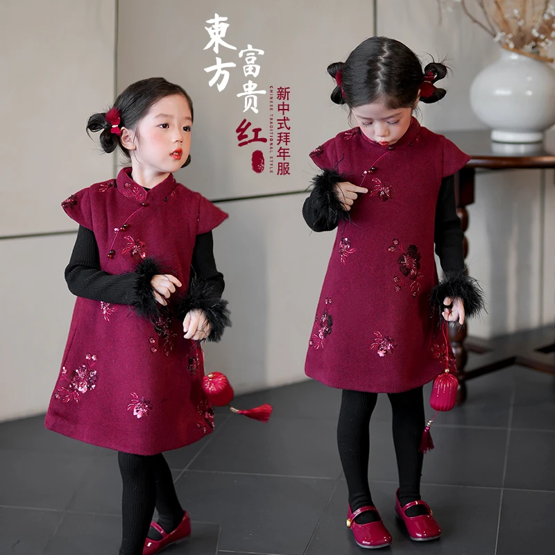 80876M拜年服女宝宝秋冬装儿童红色旗袍裙新中式国风汉服连衣裙