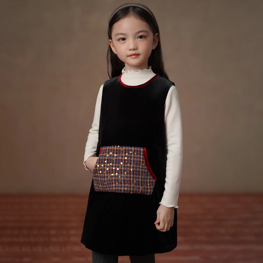 哈齿童装冬季儿童丝绒连衣裙时髦撞色小香风背心裙女童加棉中长裙