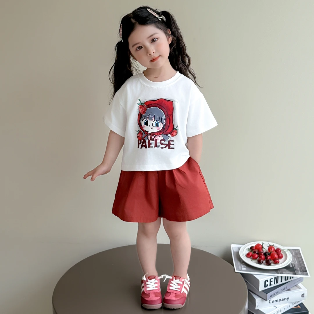 女童夏季卡通短袖套装2025新款儿童装女宝宝夏装短裤印花两件套潮