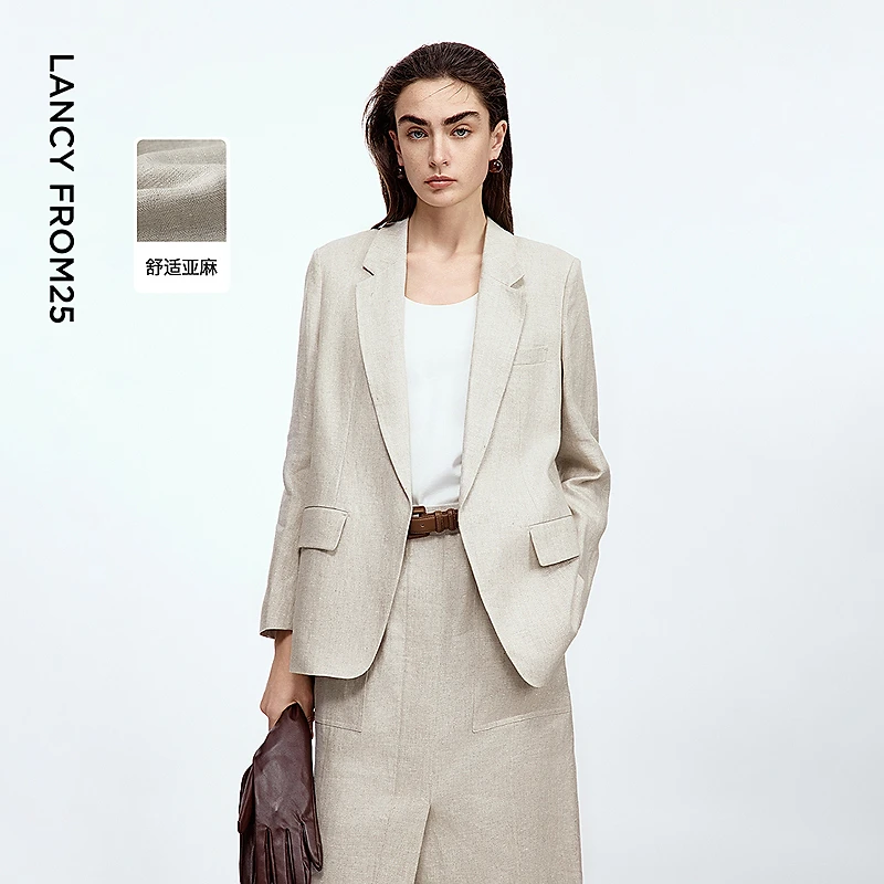 朗姿高端亚麻平驳领西装外套通勤商务西服高级感2025年新款