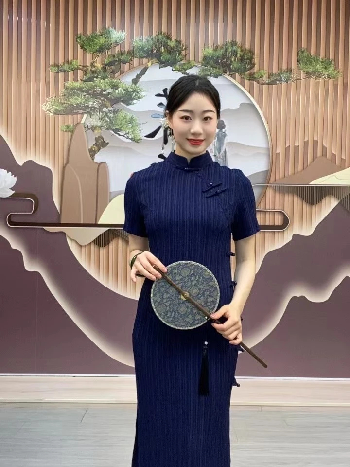 斜襟常规袖日常包臀裙长旗袍旗袍走秀优雅蓝色中式中国风