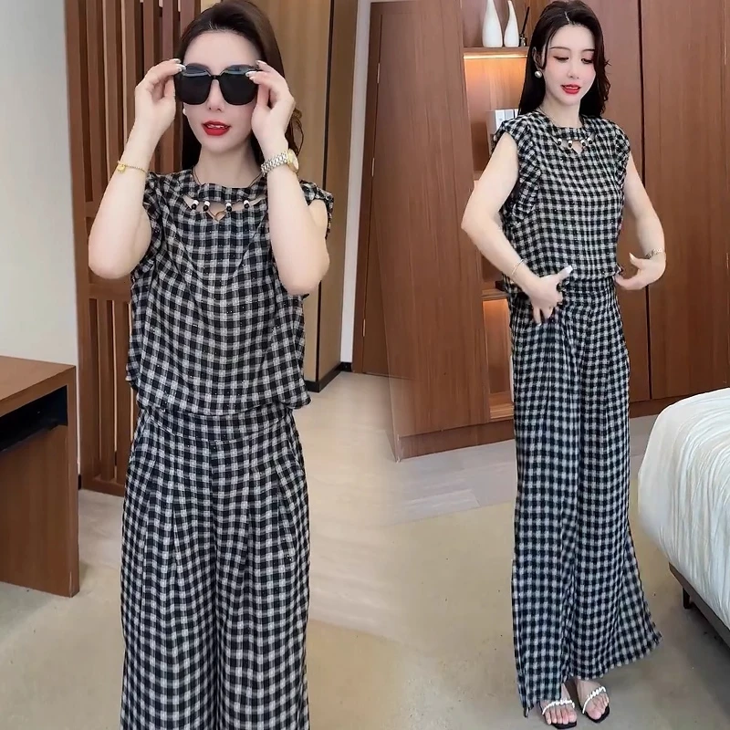 时尚套装女2025夏季新款宽松洋气质显瘦格子短袖上衣阔腿裤两件套