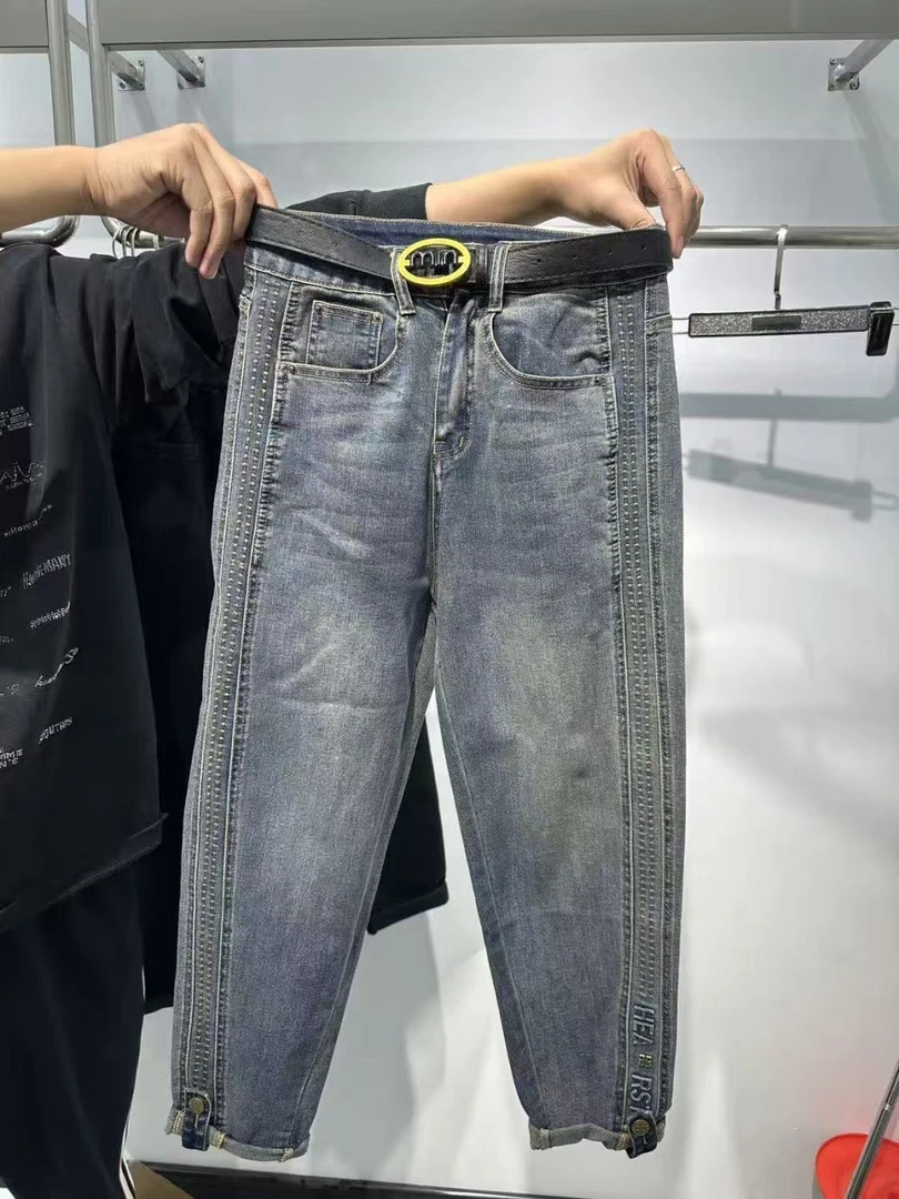水洗九分裤女磨毛高腰牛仔裤秋冬裤子弹力九分